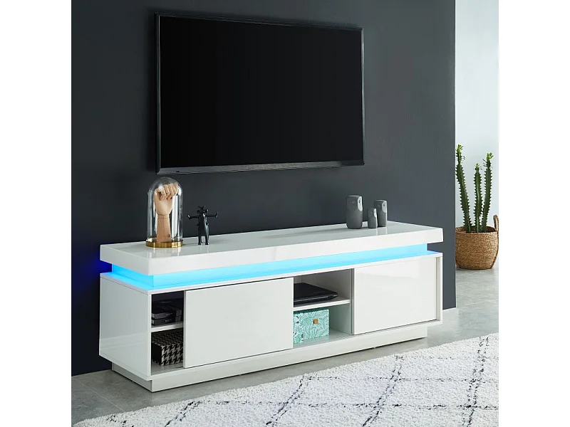 Meuble tv à led ULYSSE laqué blanc brillant 150cm