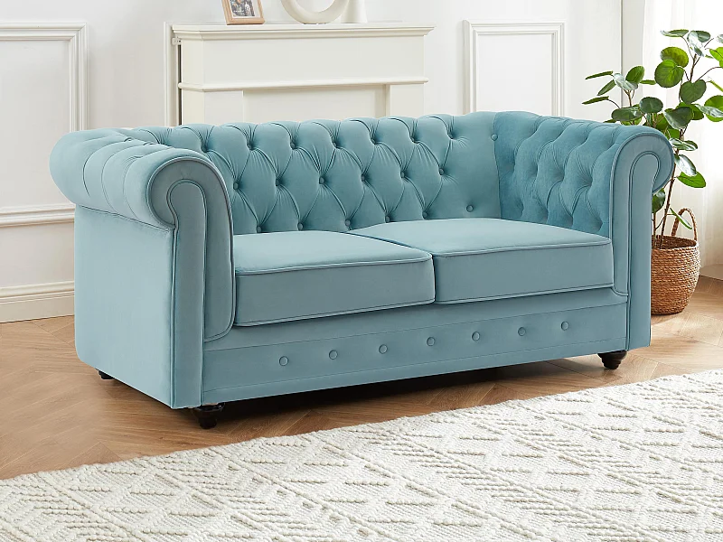 Canapé 2 places en velours bleu pastel CHESTERFIELD