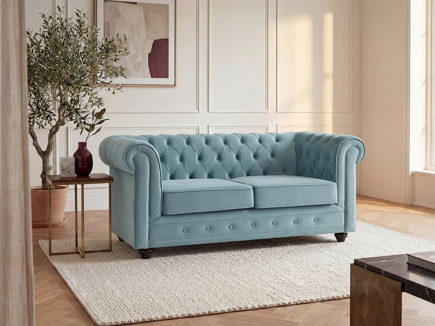 Canapé 2 places en velours bleu pastel CHESTERFIELD