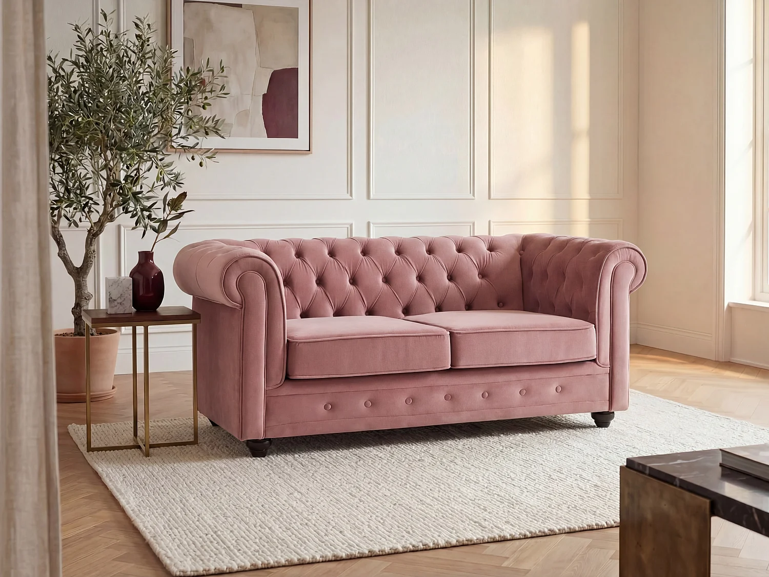 Canapé 2 places en velours rose pastel CHESTERFIELD