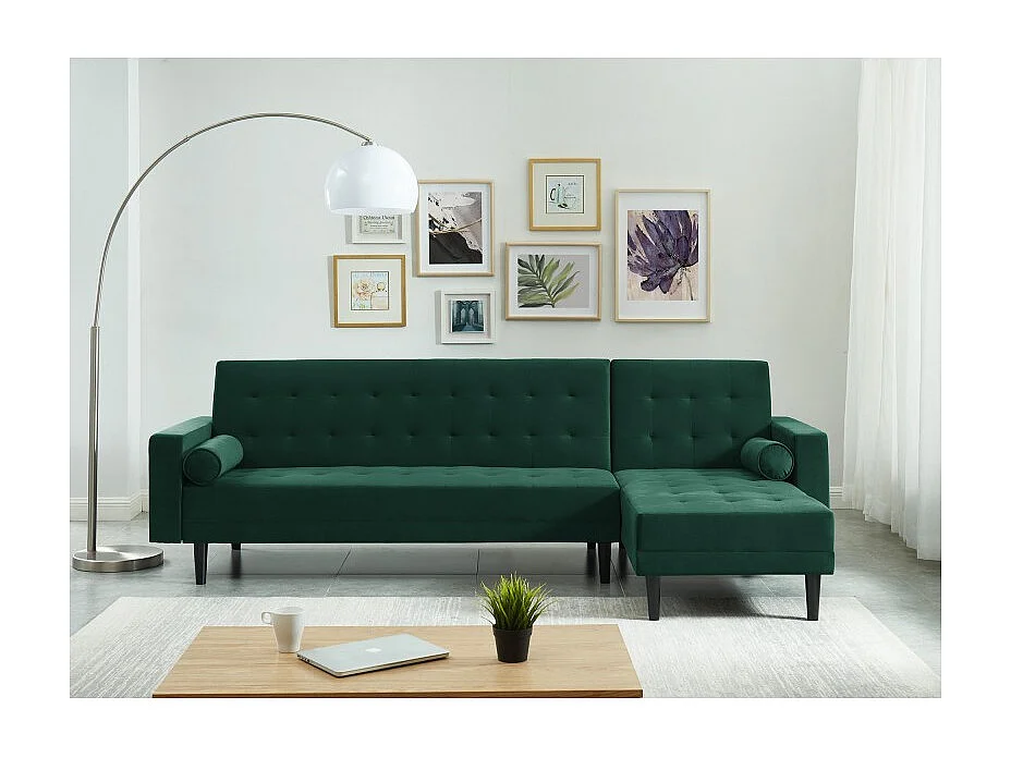 Canapé d'angle LUXURY convertible 4 Places en velours vert et pieds en bois avec angle réversible