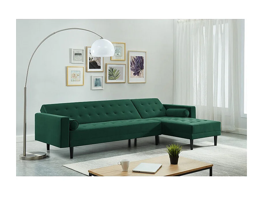 Canapé d'angle LUXURY convertible 4 Places en velours vert et pieds en bois avec angle réversible