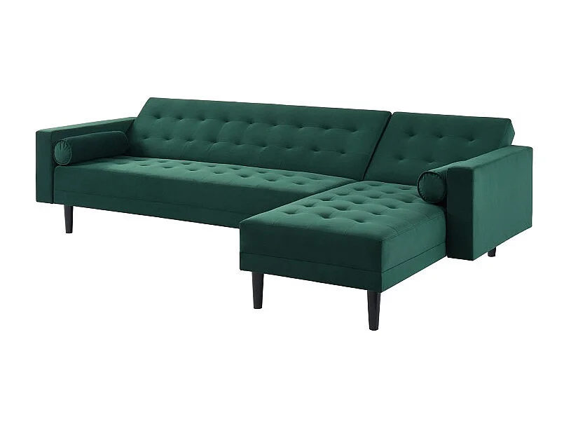 Canapé d'angle LUXURY convertible 4 Places en velours vert et pieds en bois avec angle réversible