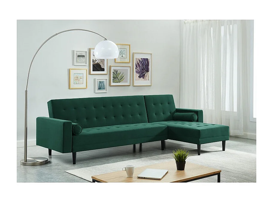 Canapé d'angle LUXURY convertible 4 Places en velours vert et pieds en bois avec angle réversible