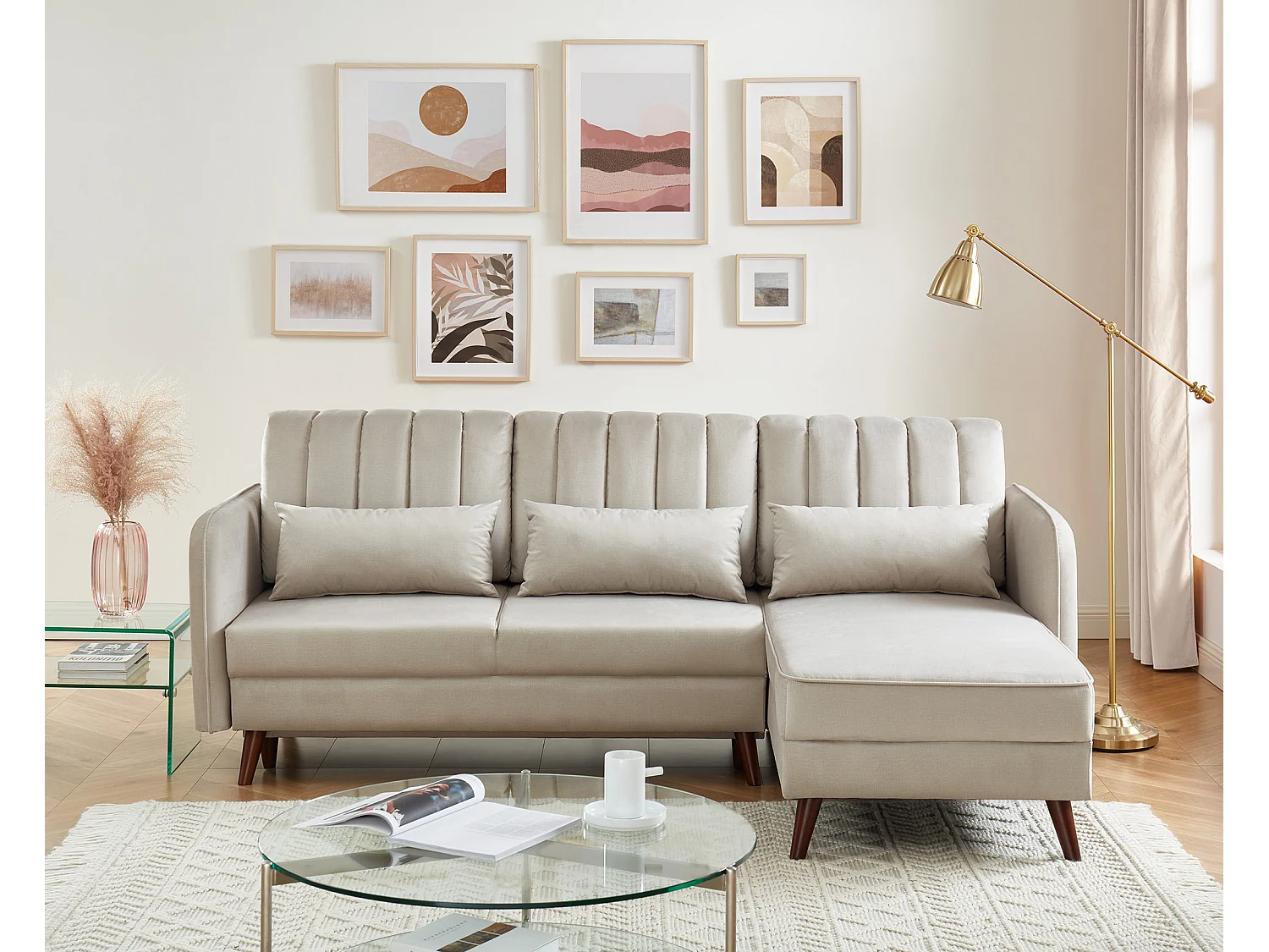 Canapé d'angle IDAHO avec tissu sable convertible