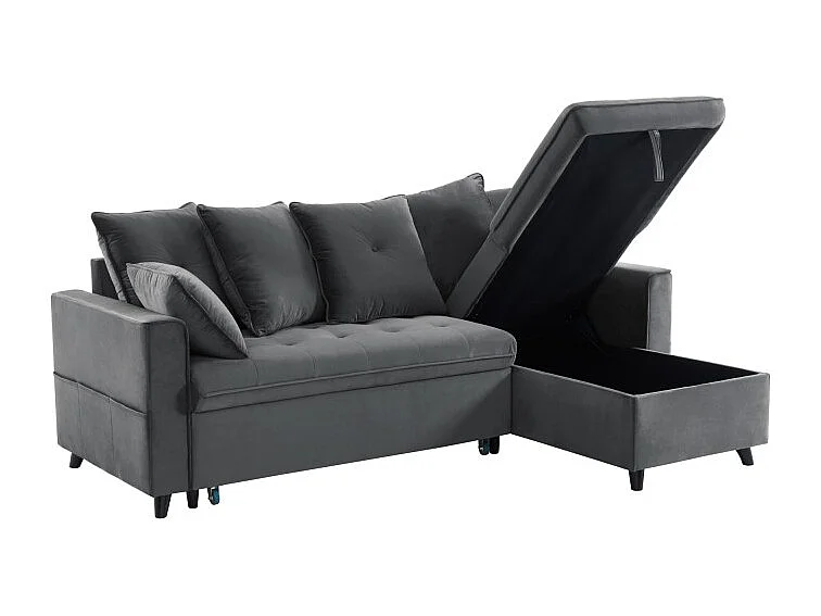 Canapé d'angle LOU convertible avec angle réversible en velours gris 4 places et coffre