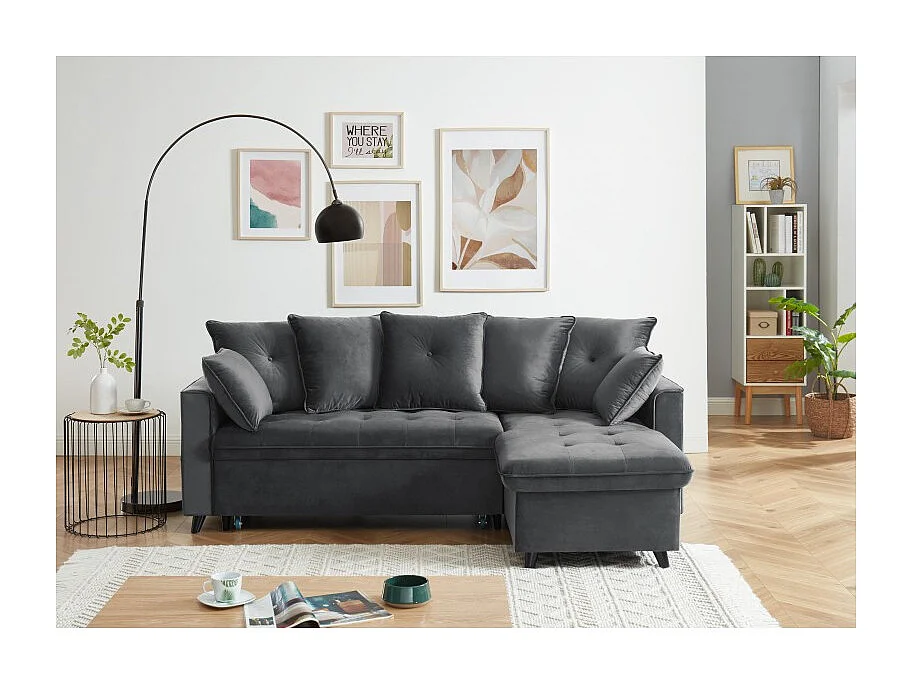 Canapé d'angle LOU convertible avec angle réversible en velours gris 4 places et coffre