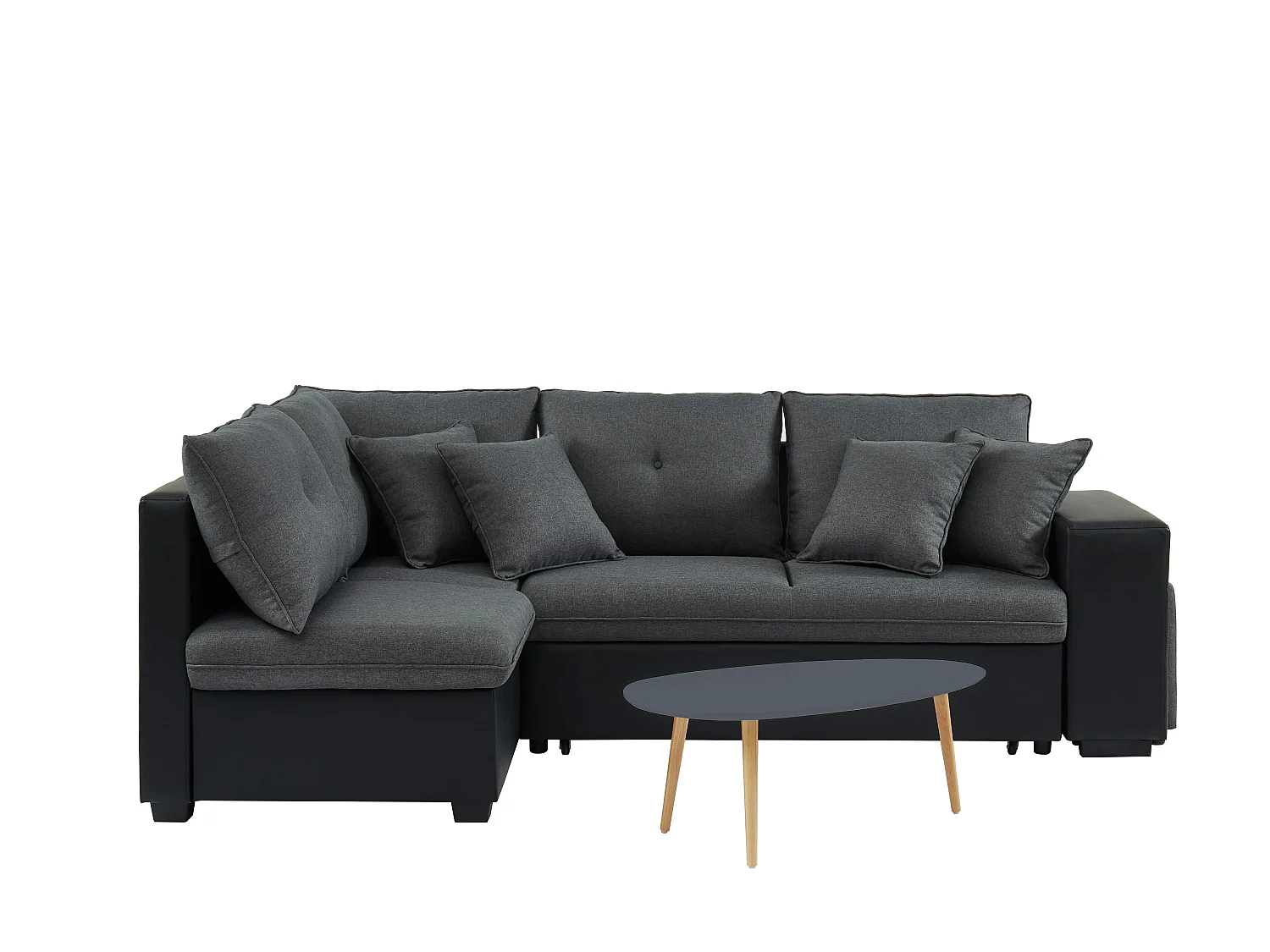 Canapé d'angle gauche KOSELIG anthracite gris convertible table basse grise et pouf