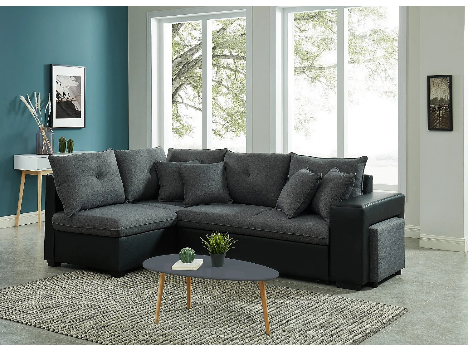 Canapé d'angle gauche KOSELIG anthracite gris convertible table basse grise et pouf