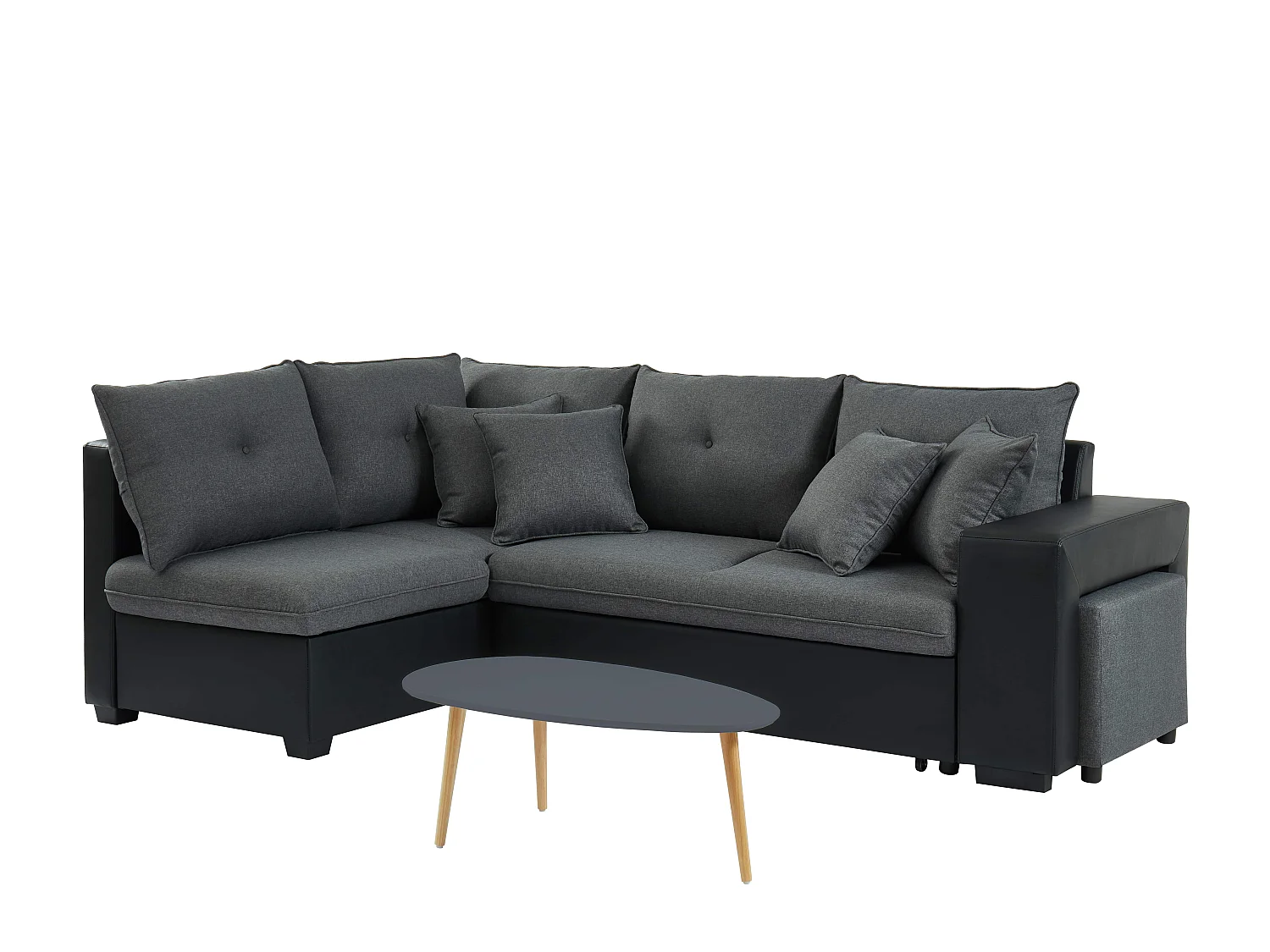 Canapé d'angle gauche KOSELIG anthracite gris convertible table basse grise et pouf