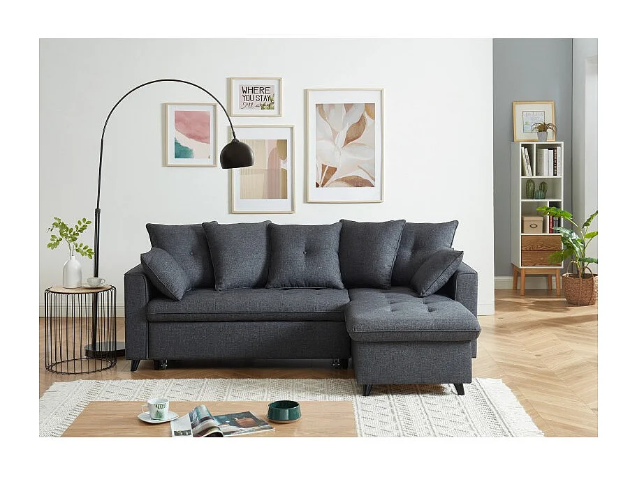 Canapé d'angle LOU convertible 4 places en tissu gris avec angle réversible et coffre