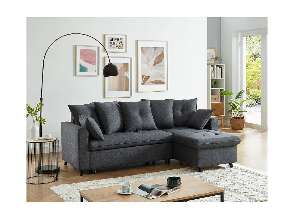 Canapé d'angle LOU convertible 4 places en tissu gris avec angle réversible et coffre