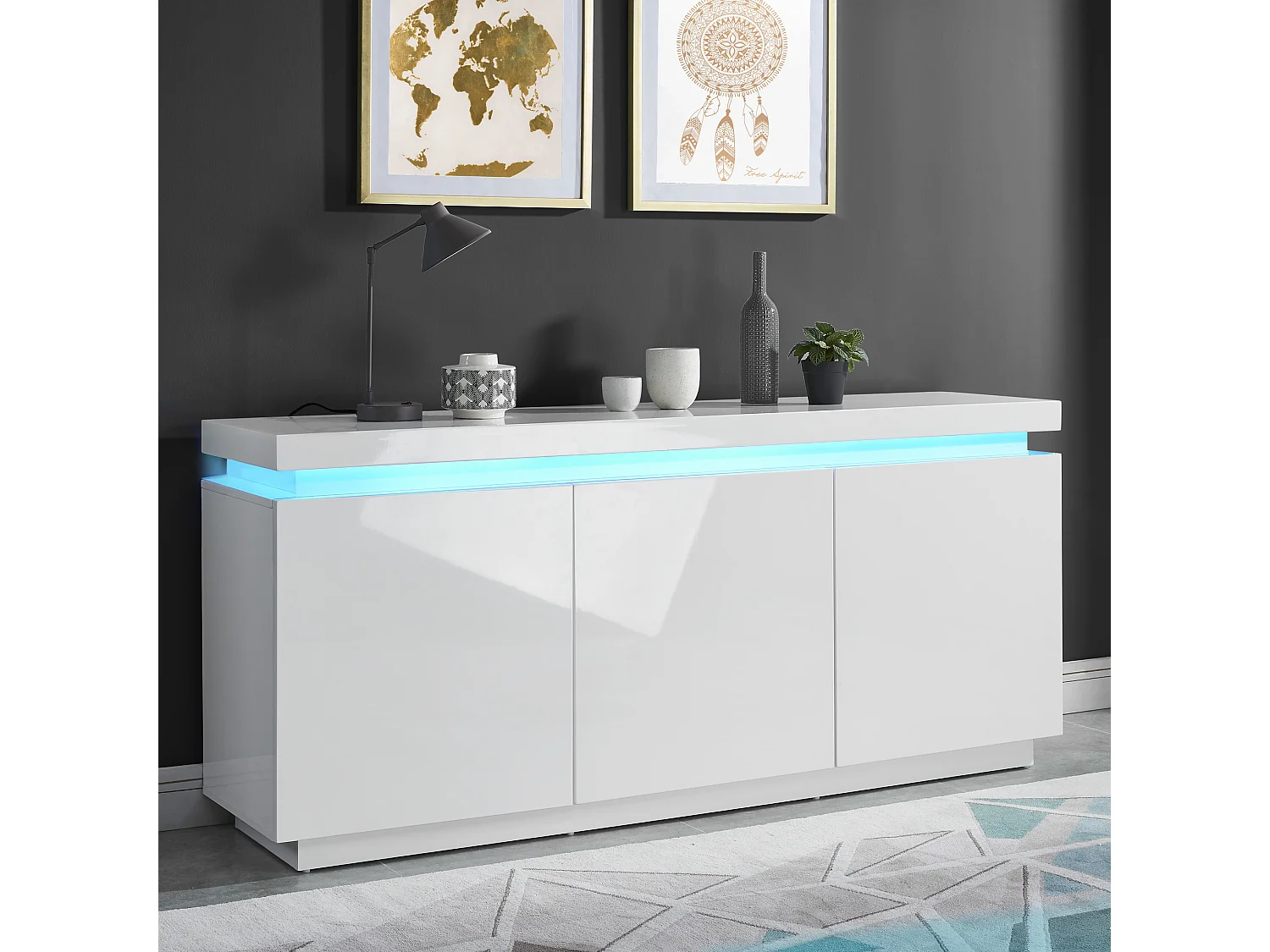 Buffet à LED ODYSSEE  laqué blanc brillant  3 portes 170cm