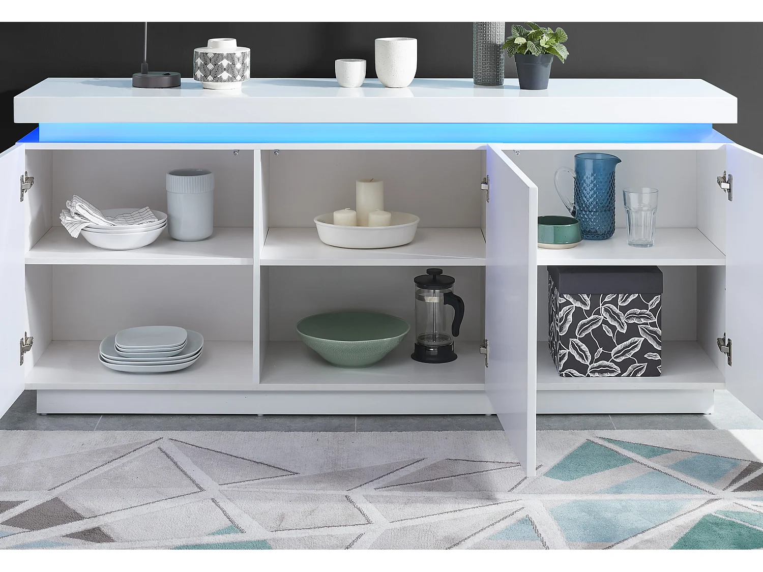 Buffet à LED ODYSSEE  laqué blanc brillant  3 portes 170cm