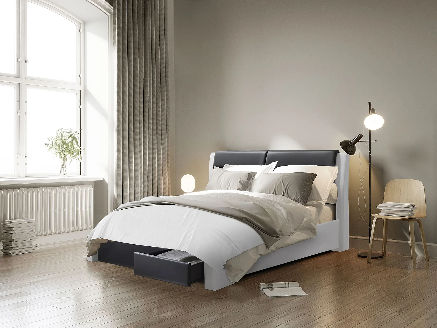 Lit à tiroirs IMAGINA  simili blanc et noir  160x200 sommier inclus