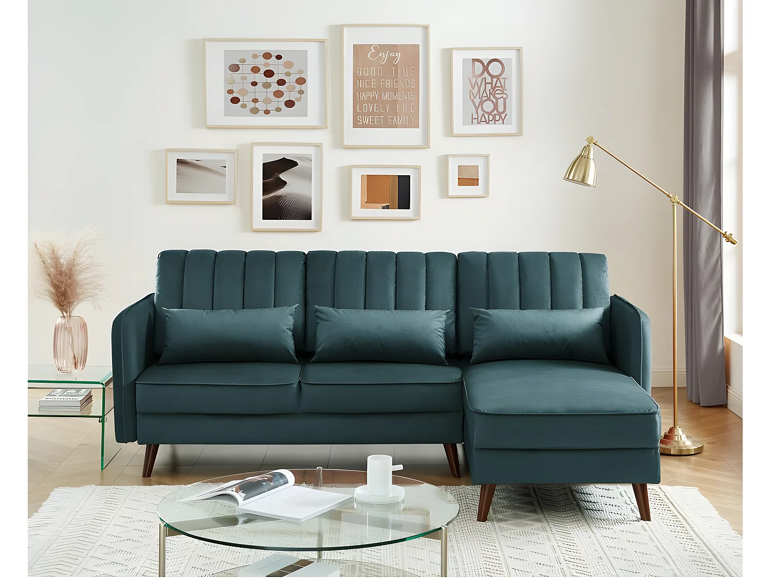 Canapé angle IDAHO tissu bleu vert angle fixe