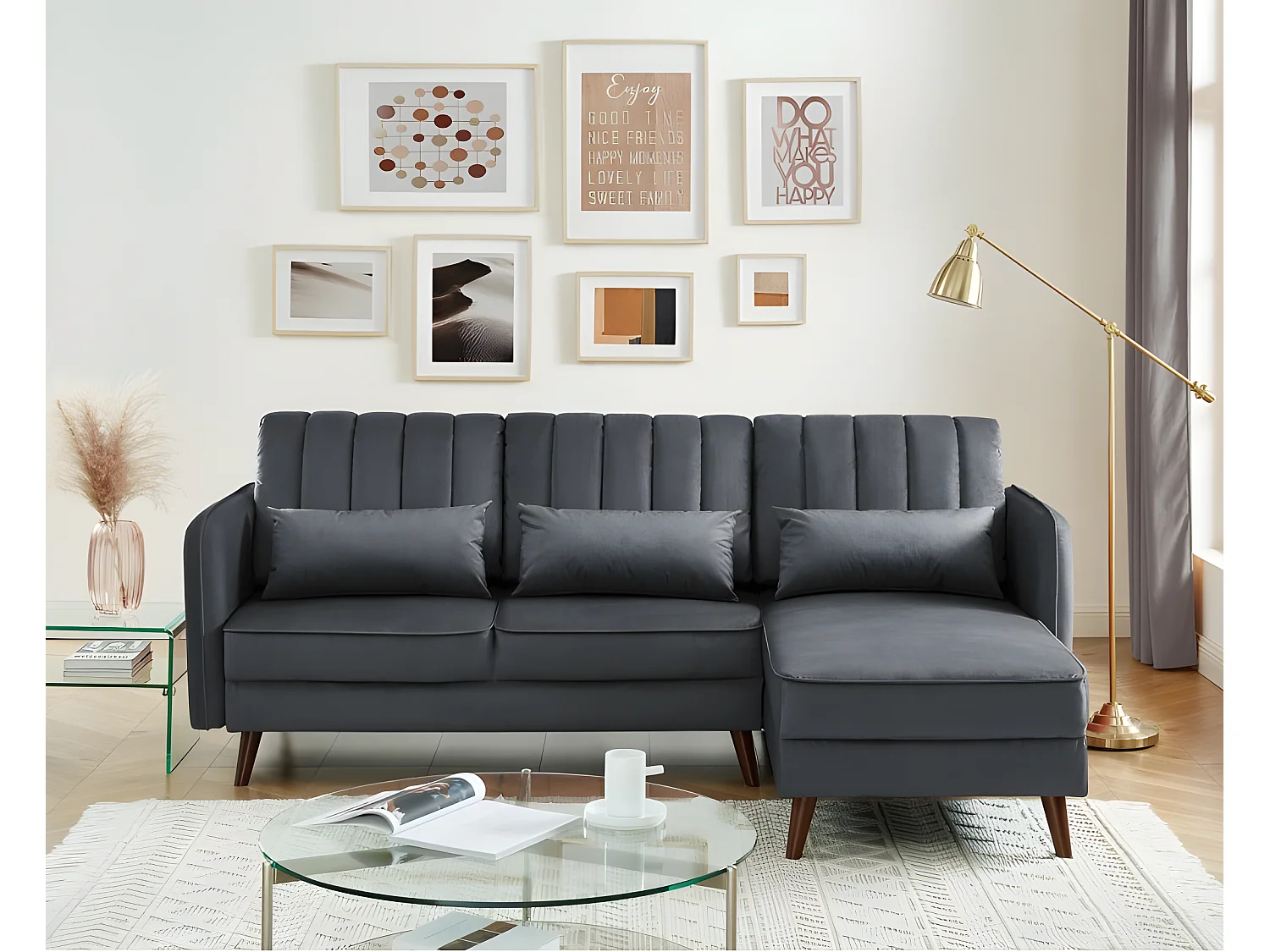 Canapé angle IDAHO tissu anthracite angle fixe