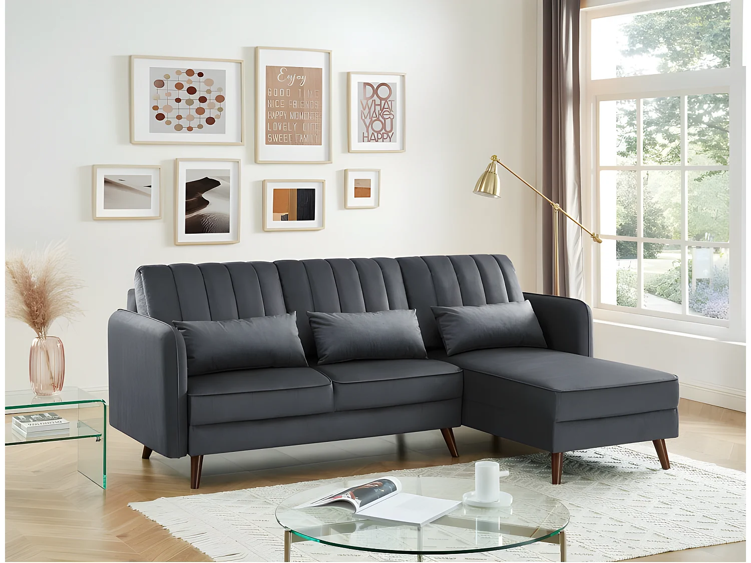 Canapé angle IDAHO tissu anthracite angle fixe