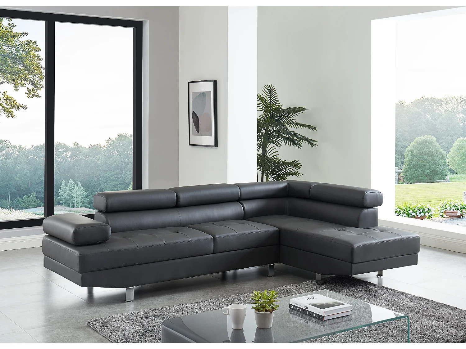 Canapé VICTOR en PU gris avec angle à droite et fixe