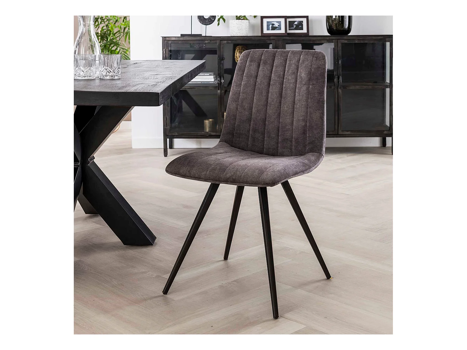 Chaise en velours - Point droit - Gris - 4 pièces