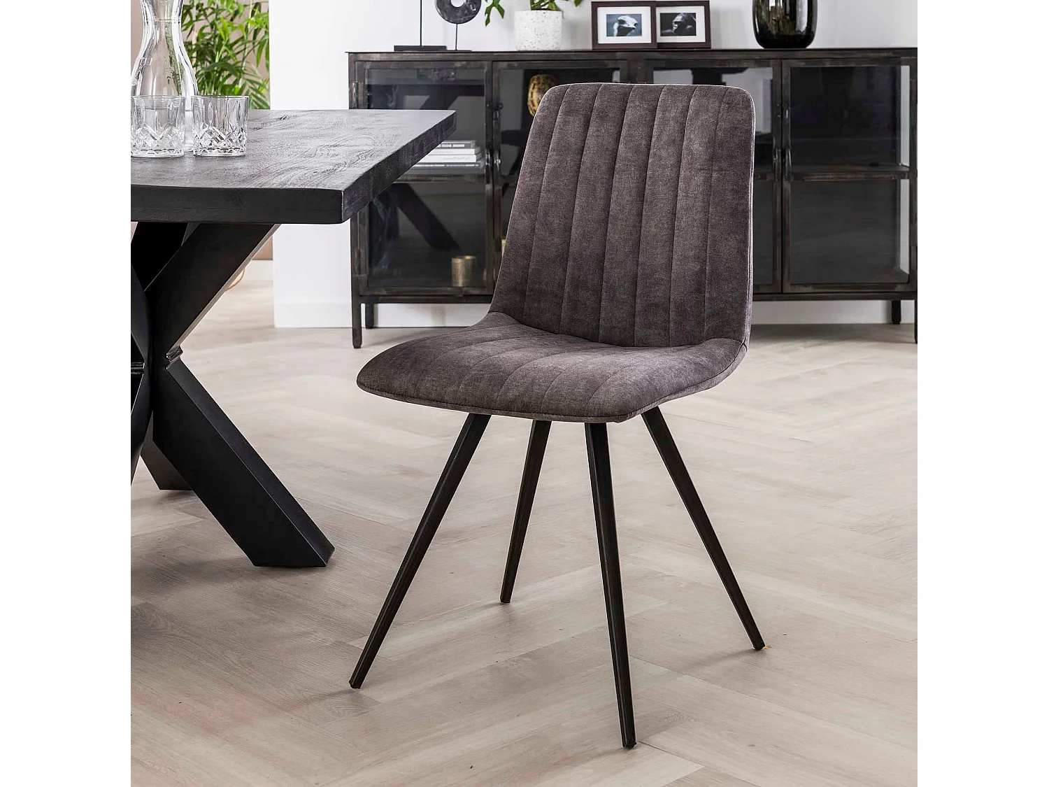 Chaise en velours - Point droit - Gris - 4 pièces