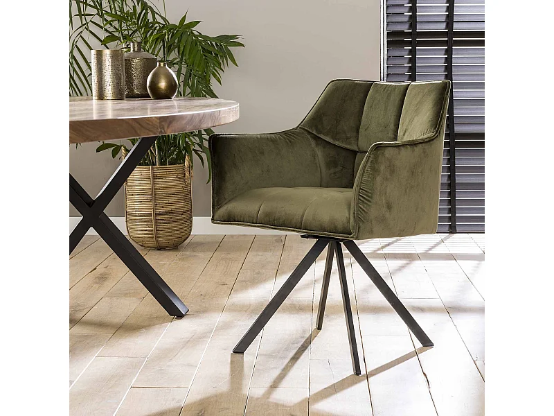 Fauteuil en velours - Vert - Pivotant - 2 pièces