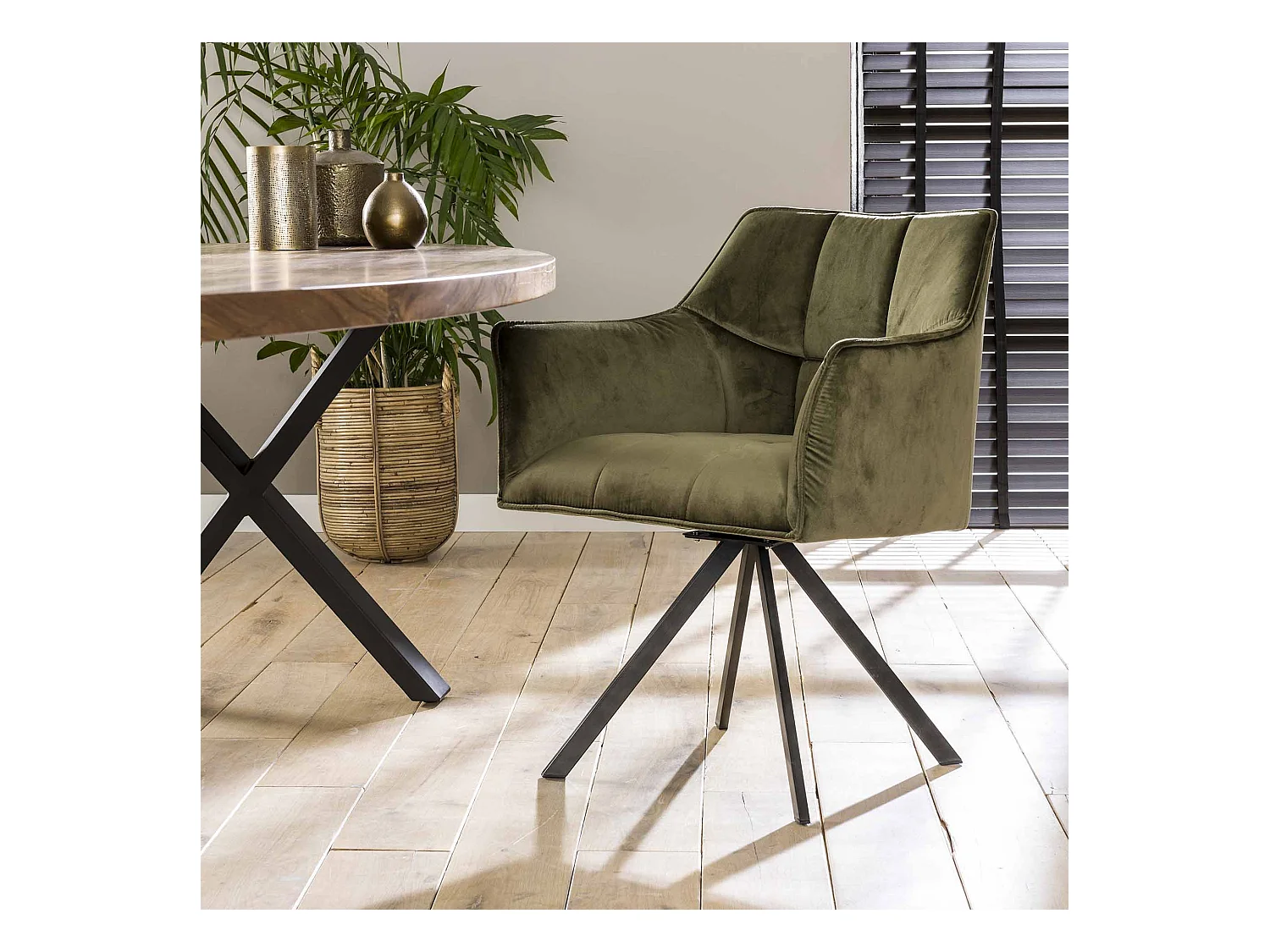 Fauteuil en velours - Vert - Pivotant - 2 pièces