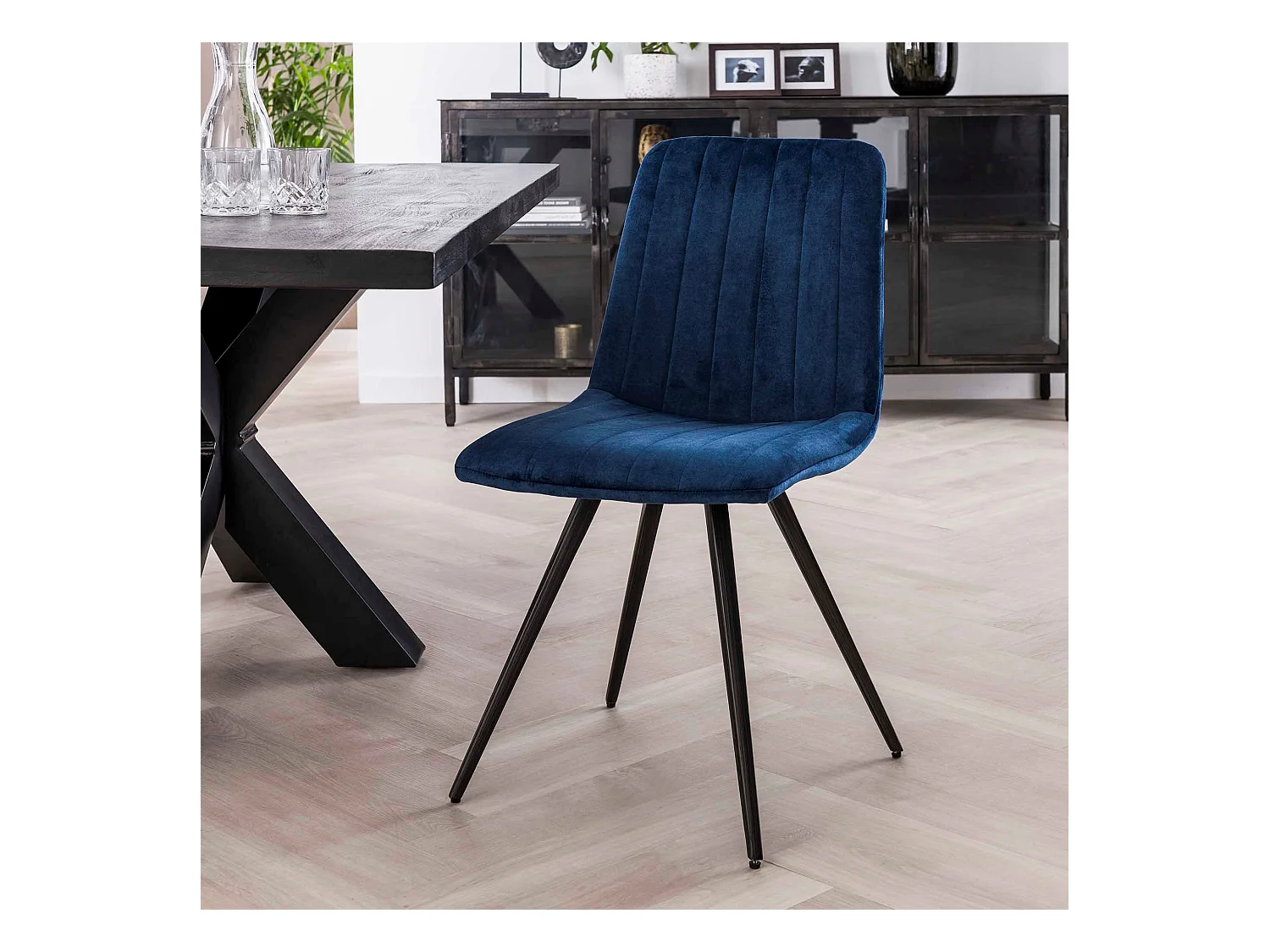 Chaise en velours - Point droit - Bleu - 4 pièces