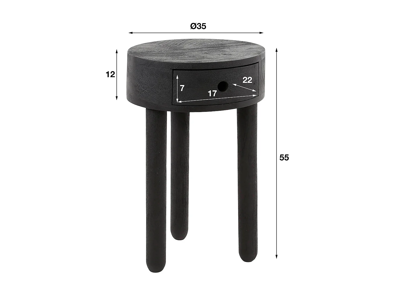 Table de chevet 1L Ronde Plein Bois - Acacia Massif Noir