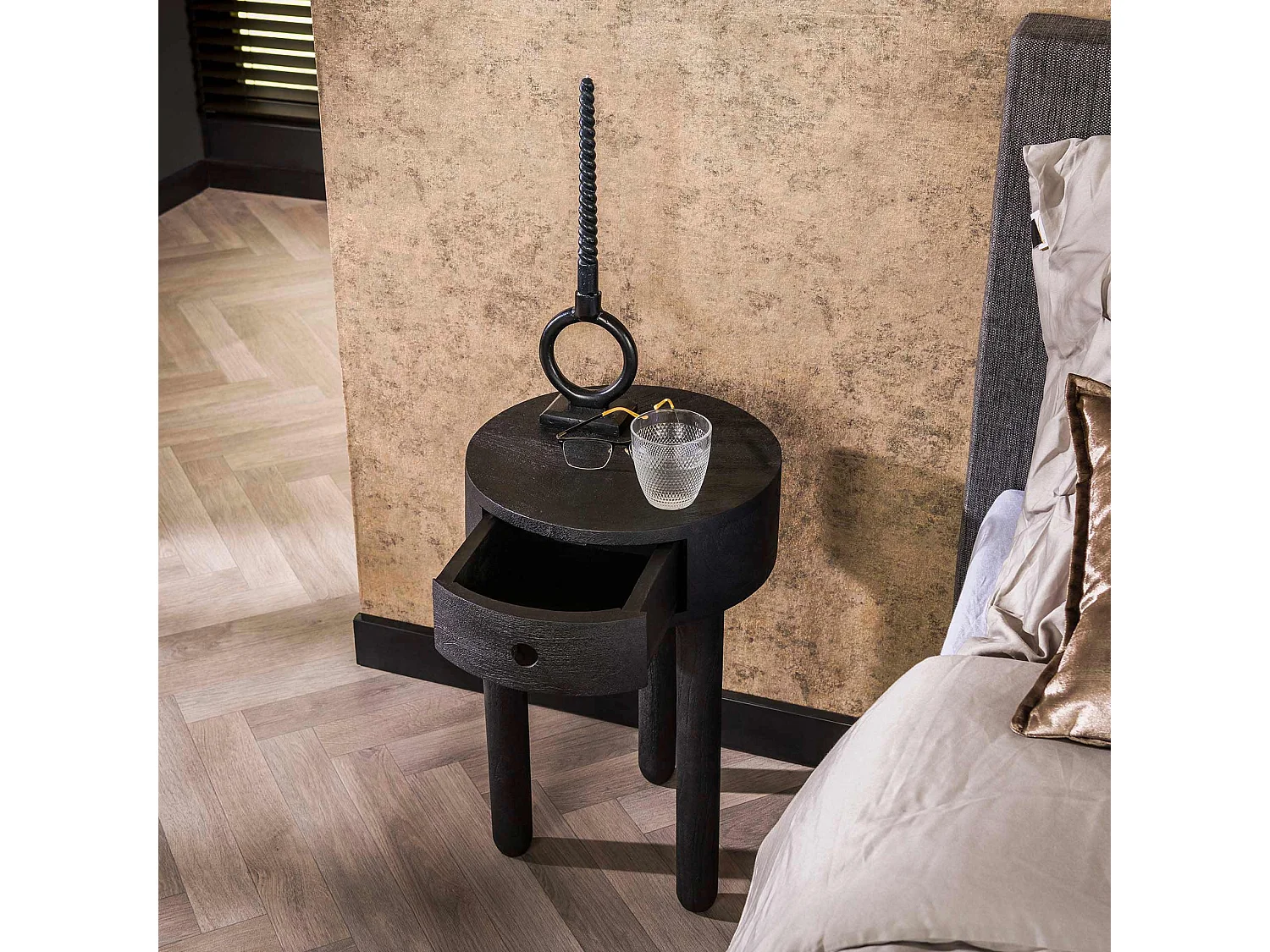 Mesita de noche redonda de 1 litro, madera maciza de acacia negra.