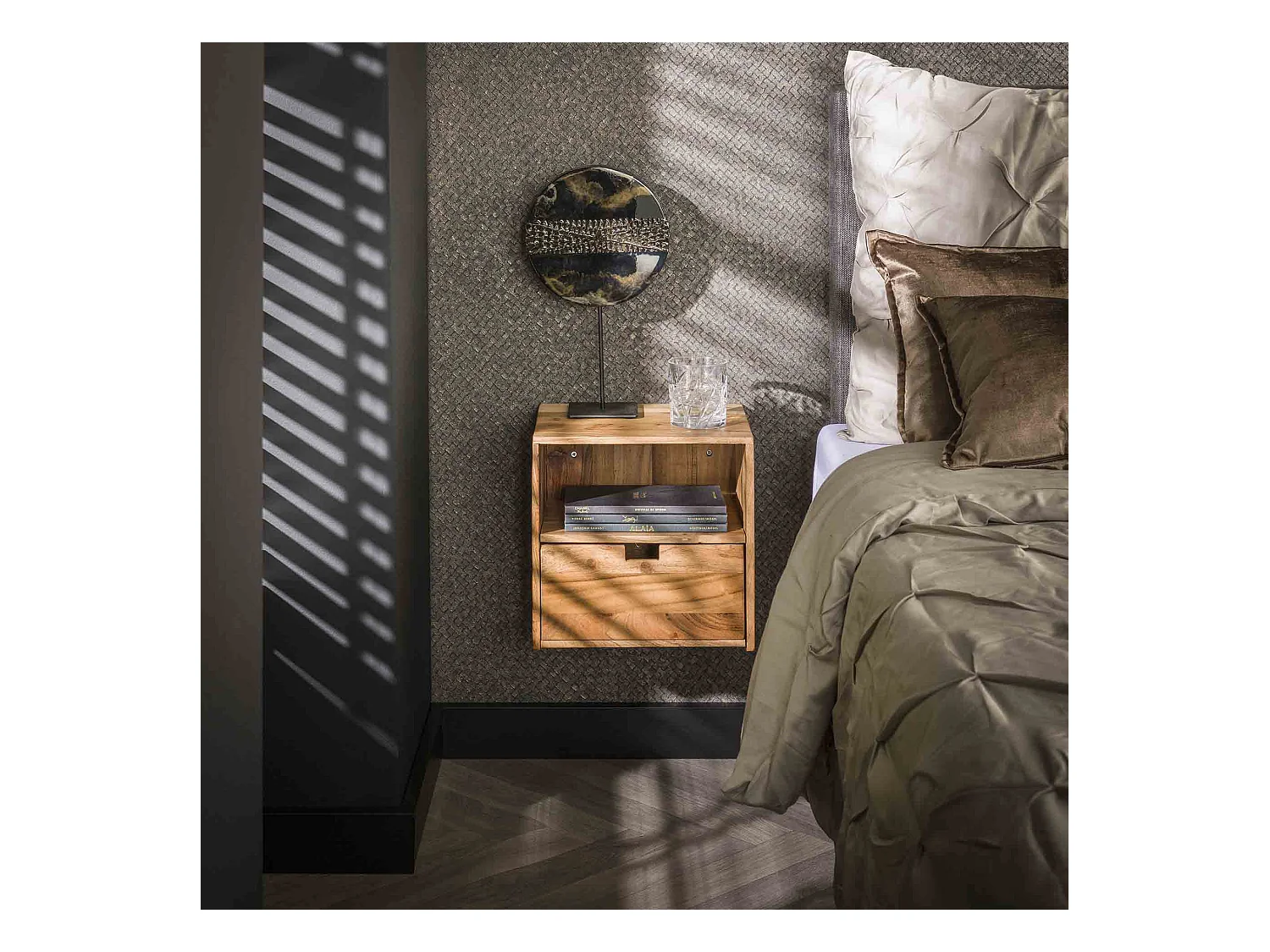 Table de chevet XS suspendue à plat - Acacia massif naturel - Lot de 2