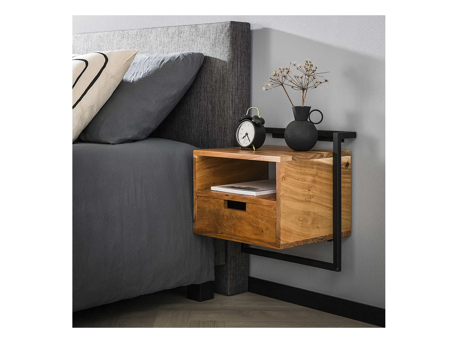 Table de chevet suspendue - Noir - 1 tiroir - Compartiment ouvert Air Solid