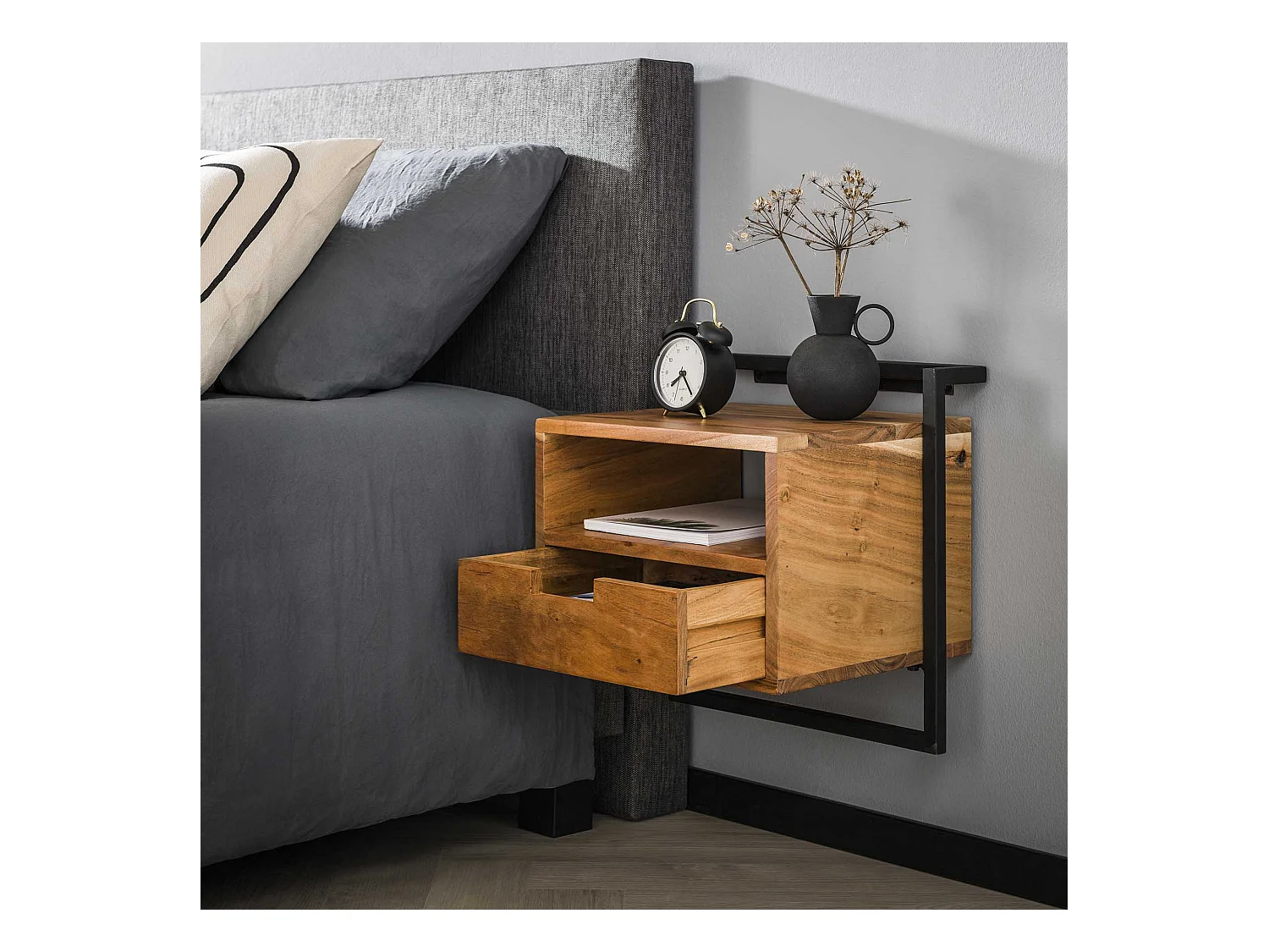 Table de chevet suspendue - Noir - 1 tiroir - Compartiment ouvert Air Solid