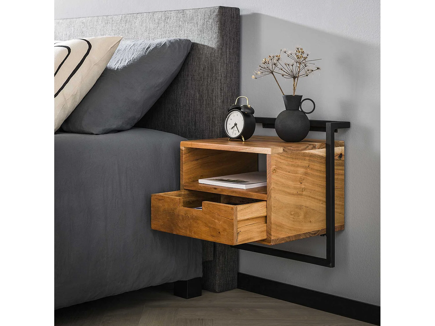 Table de chevet suspendue - Noir - 1 tiroir - Compartiment ouvert Air Solid