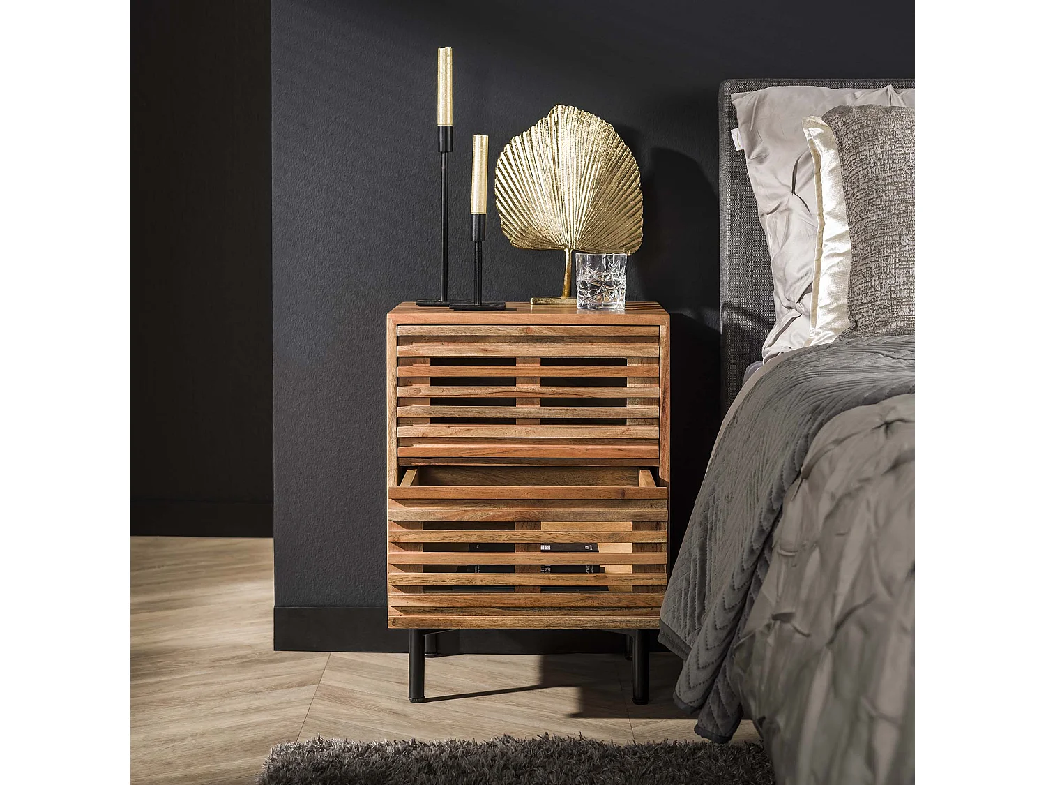 Table de chevet 2 tiroirs coulissants - acacia massif naturel