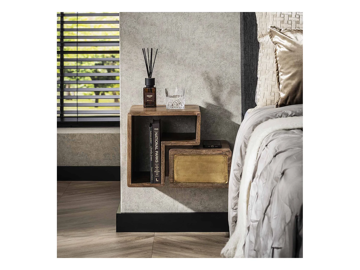 Tables de chevet en laiton - Manguier massif noir - Lot de 2