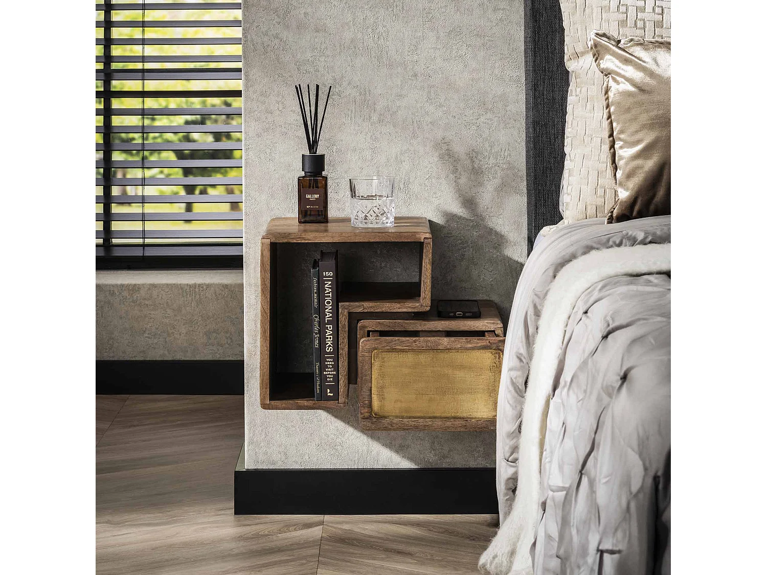 Tables de chevet en laiton - Manguier massif noir - Lot de 2