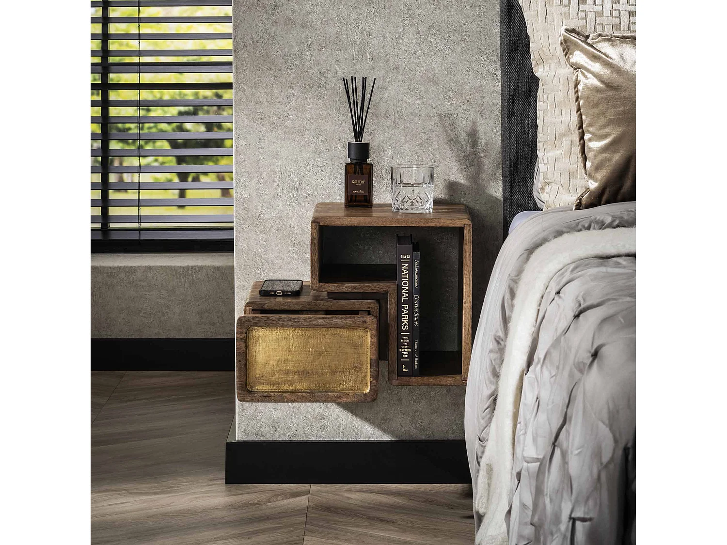 Tables de chevet en laiton - Manguier massif noir - Lot de 2