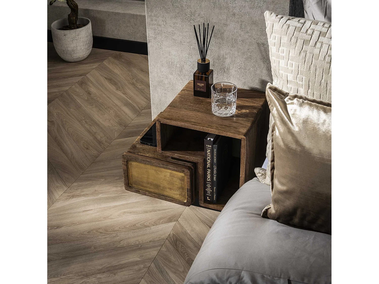 Tables de chevet en laiton - Manguier massif noir - Lot de 2