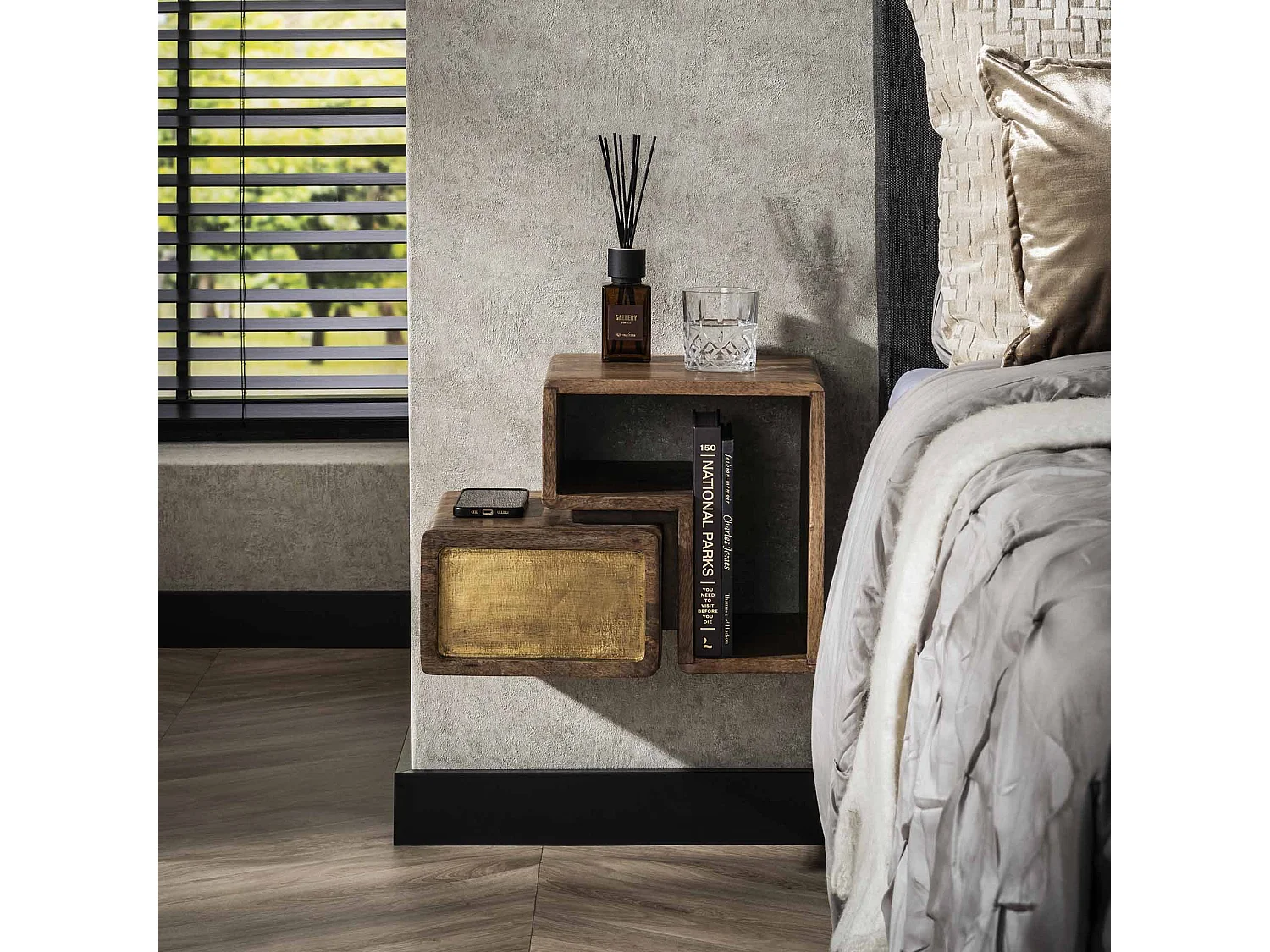 Tables de chevet en laiton - Manguier massif noir - Lot de 2