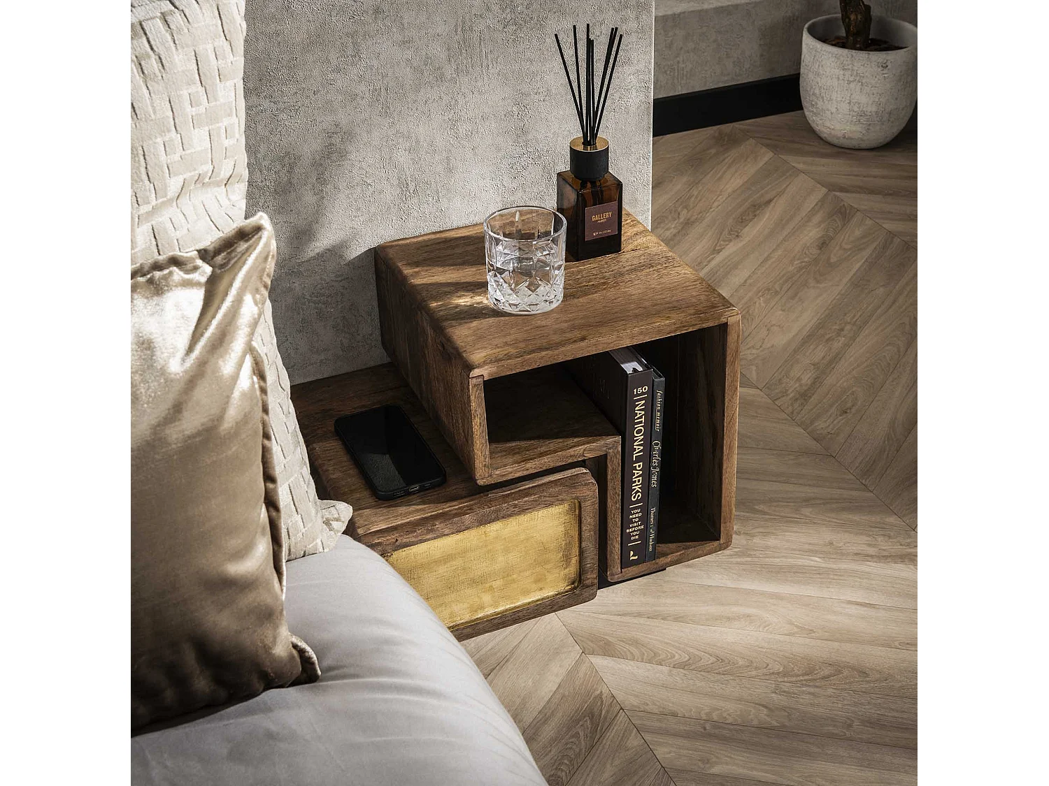 Tables de chevet en laiton - Manguier massif noir - Lot de 2