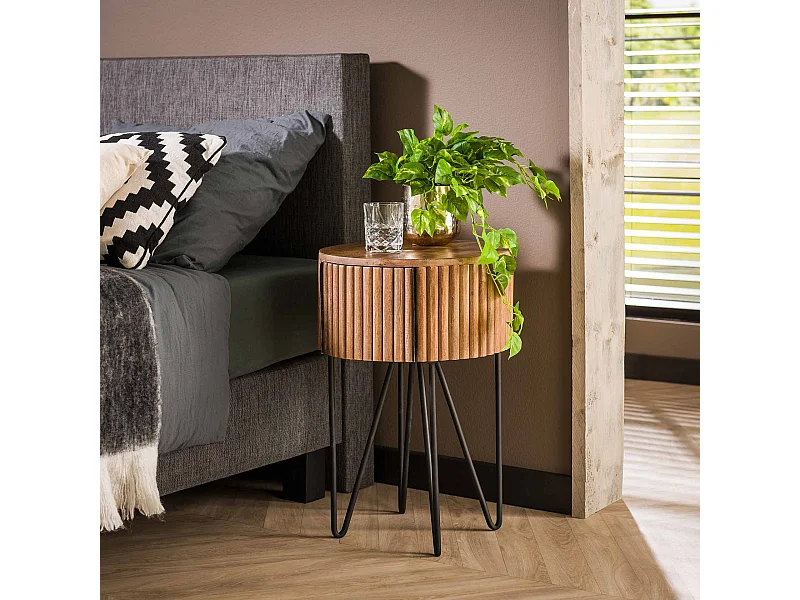 Mesita de noche redonda de 1L / Mango macizo color arena