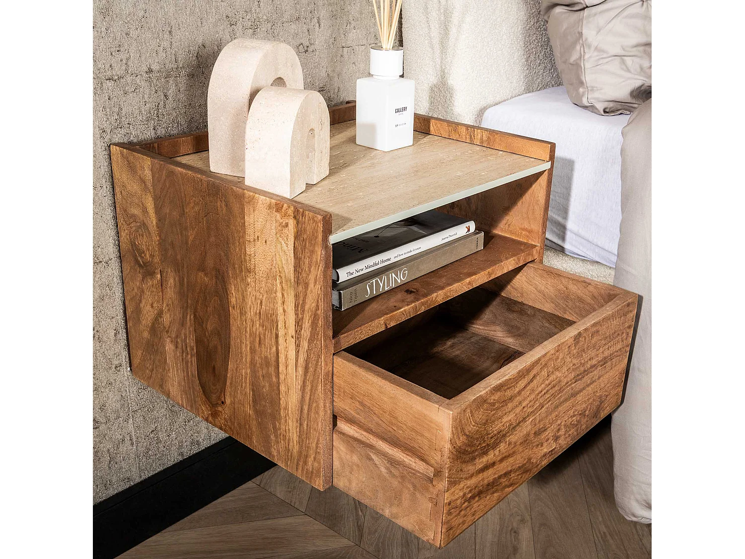 Nachtkastje Hangend Open Nuovo Travertin - Massief Mango Zandkleur