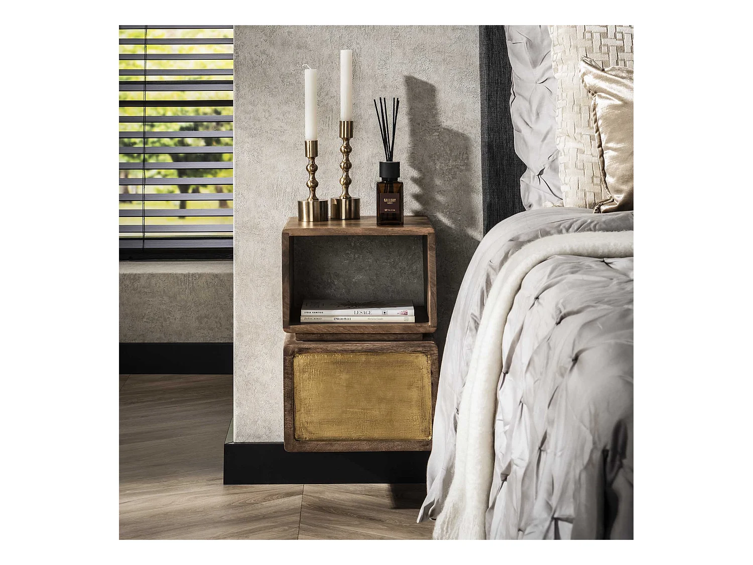 Table de chevet XS Laiton - Manguier massif noir - Largeur 30 cm