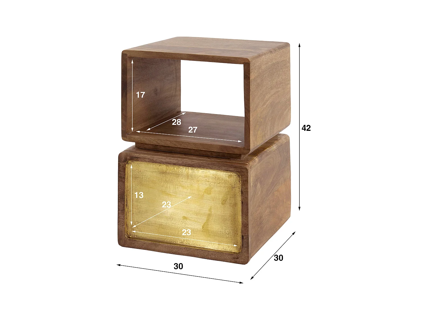 Table de chevet XS Laiton - Manguier massif noir - Largeur 30 cm