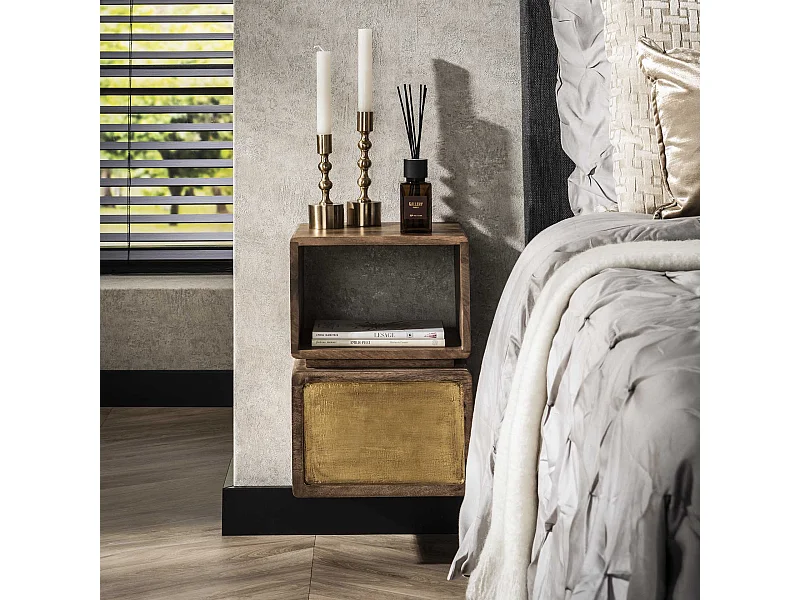 Table de chevet XS Laiton - Manguier massif noir - Largeur 30 cm