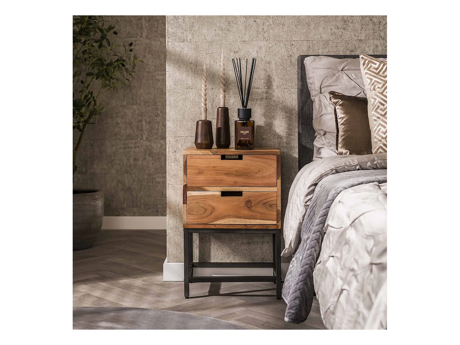 Table de chevet Flat - 2 tiroirs - Bois d'acacia massif