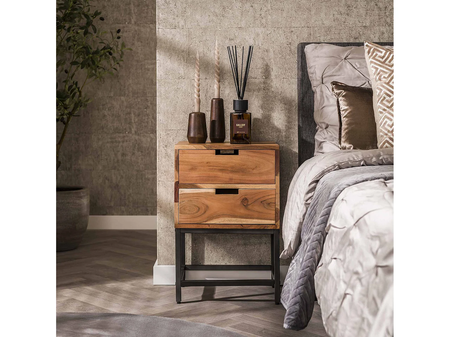 Table de chevet Flat - 2 tiroirs - Bois d'acacia massif