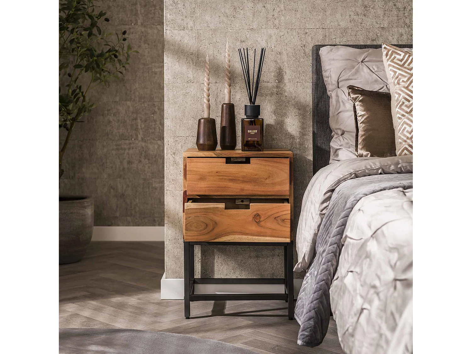 Table de chevet Flat - 2 tiroirs - Bois d'acacia massif