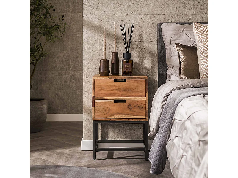 Table de chevet Flat - 2 tiroirs - Bois d'acacia massif